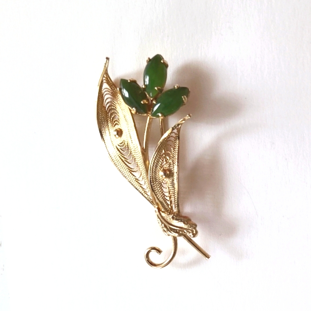 Gold & Emerald Floral Brooch Pin - Picture 1 of 5